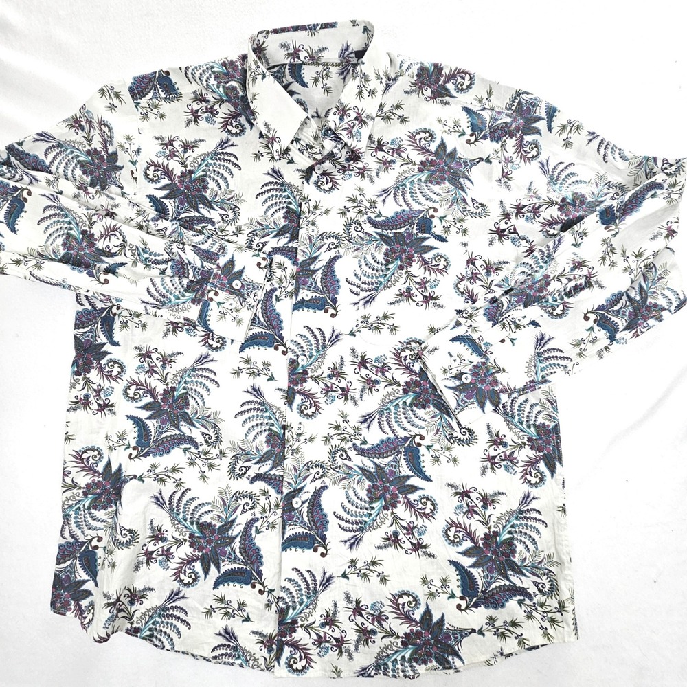 Alan Flusser Mens XL White Paisley Floral Cotton Button Down Shirt Long Sleeve - Picture 1 of 10